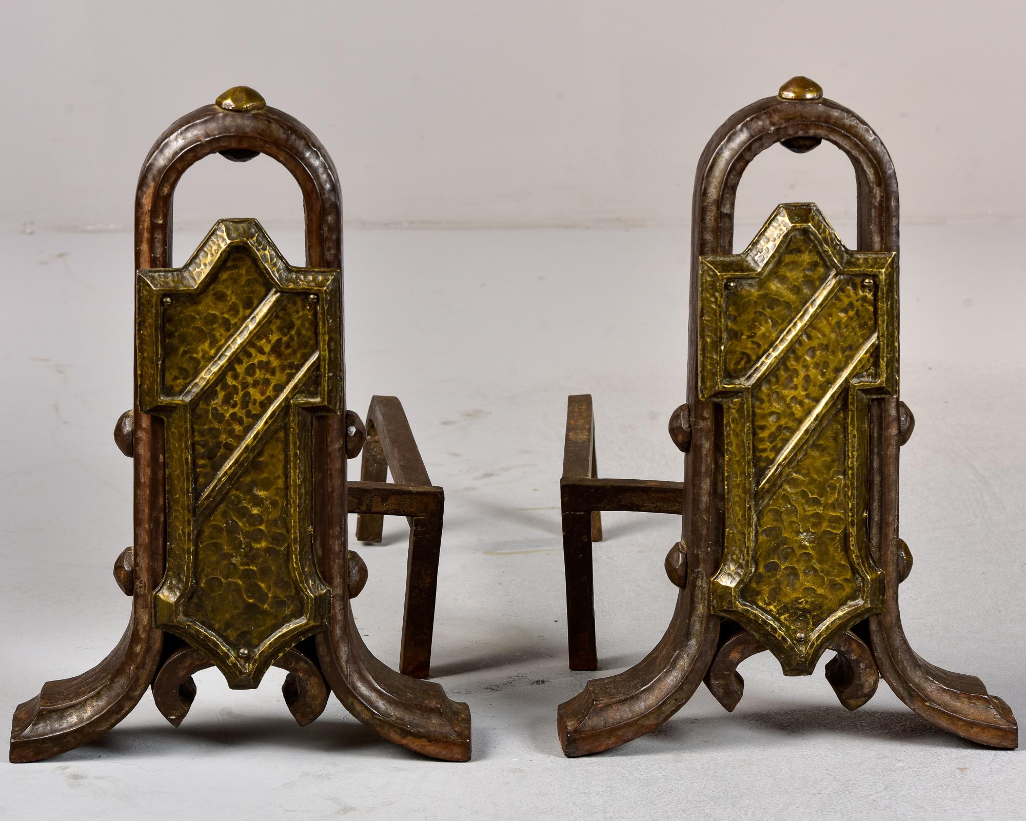 American Pair Extra Large Arts & Crafts Hammered Iron and Brass Andirons For Sale