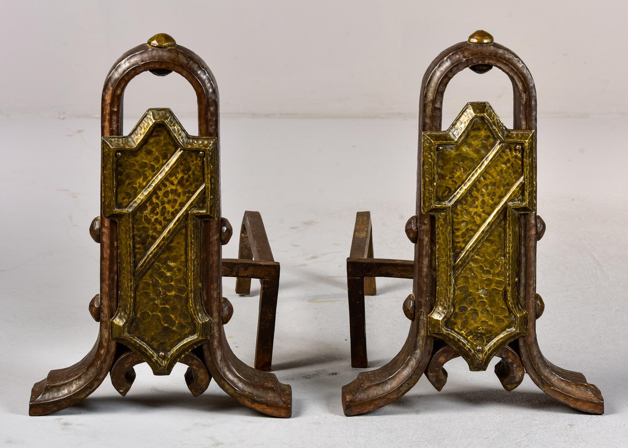 Forged Pair Extra Large Arts & Crafts Hammered Iron and Brass Andirons For Sale