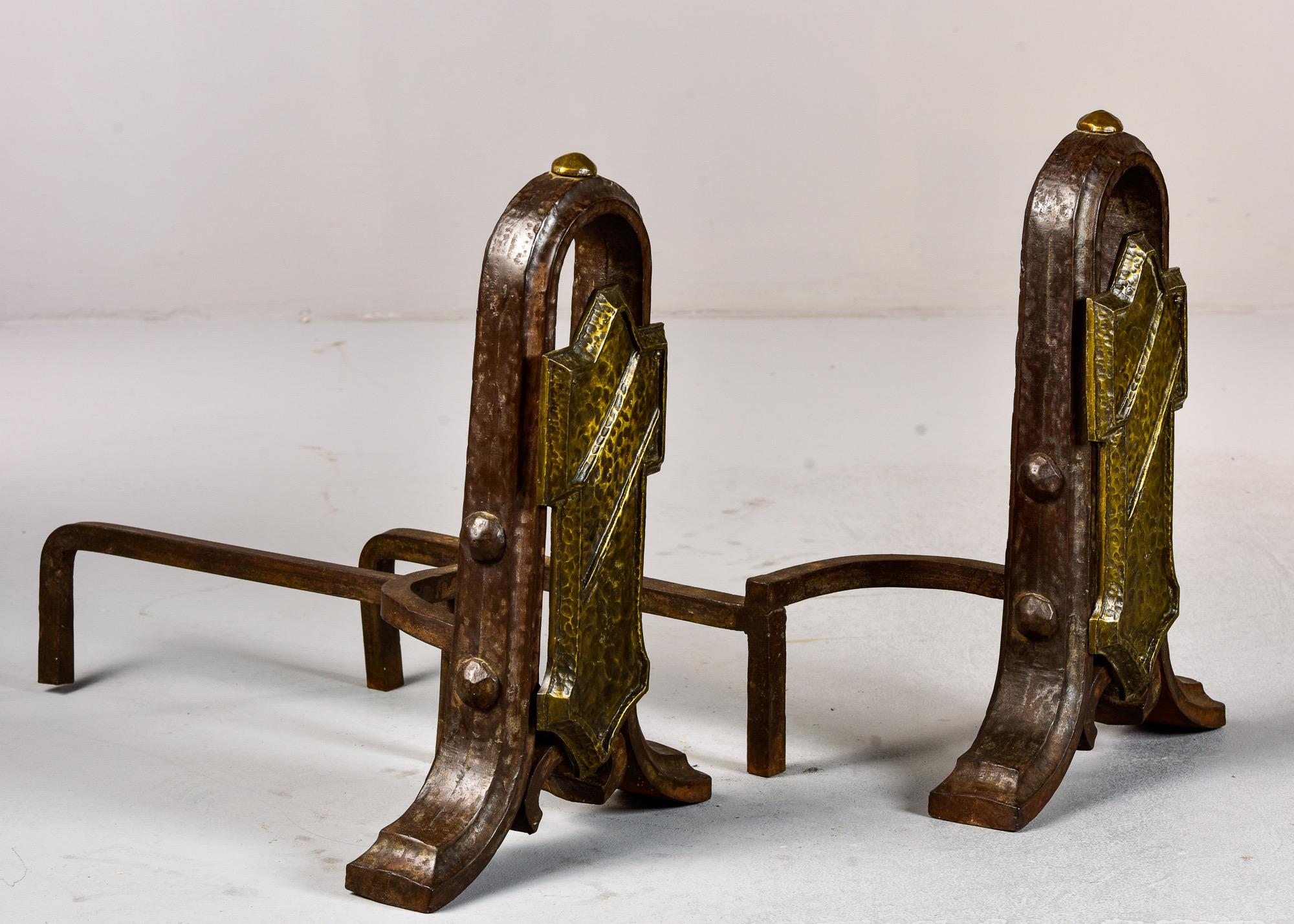 Pair Extra Large Arts & Crafts Hammered Iron and Brass Andirons In Good Condition For Sale In Troy, MI