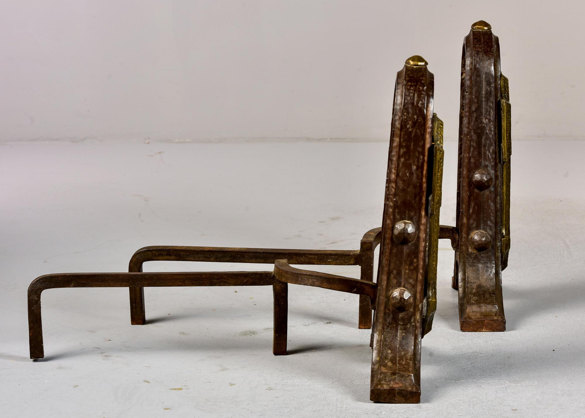 20th Century Pair Extra Large Arts & Crafts Hammered Iron and Brass Andirons For Sale