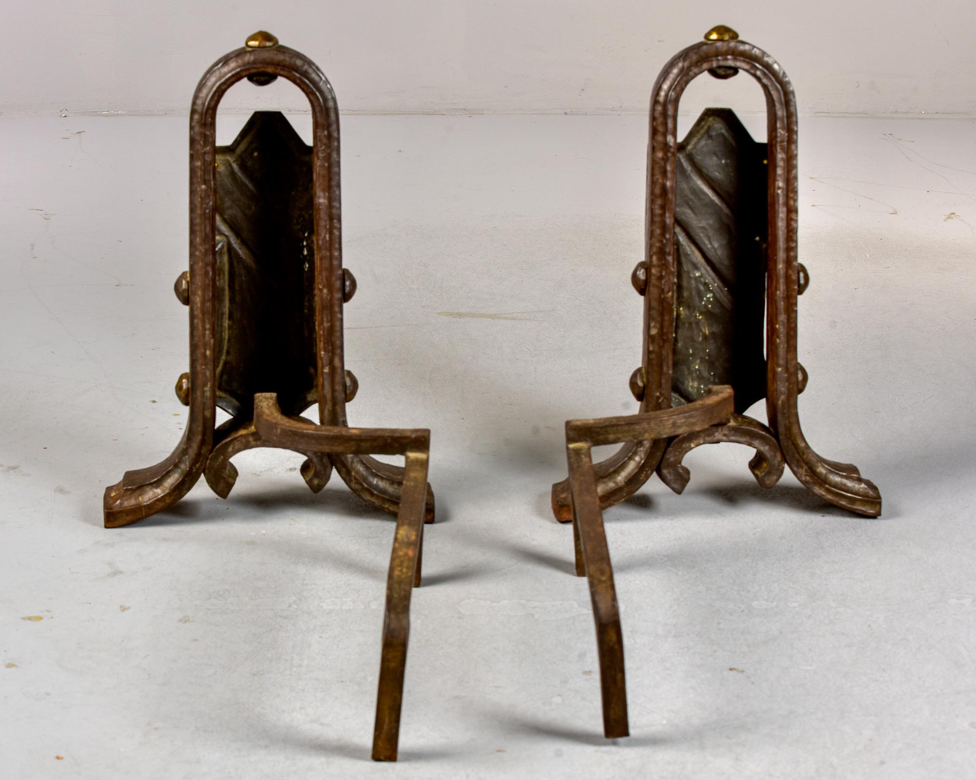 Pair Extra Large Arts & Crafts Hammered Iron and Brass Andirons For Sale 1