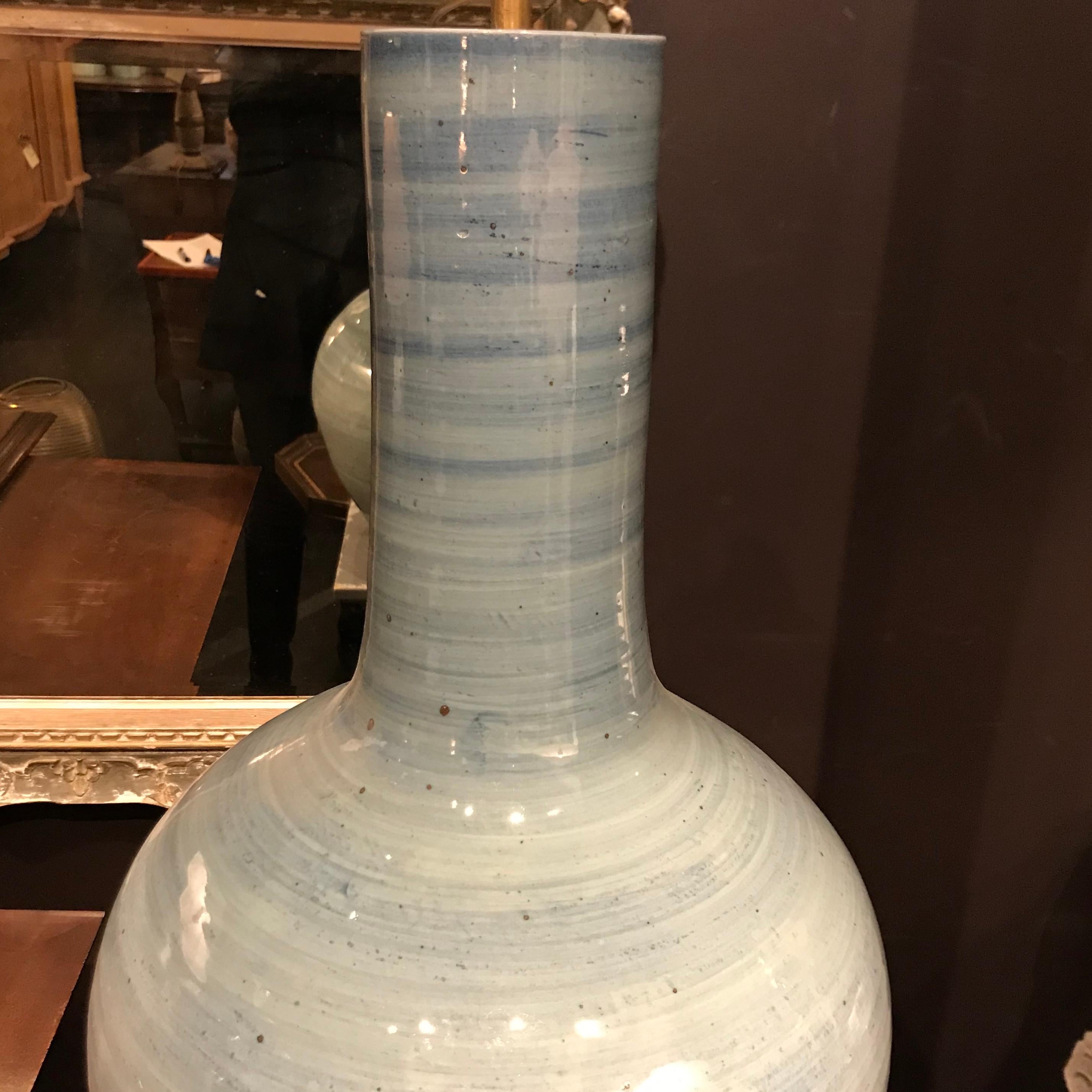 Pair of Extra Large Brushed Pattern Turquoise Lamps, China, Contemporary In New Condition In New York, NY