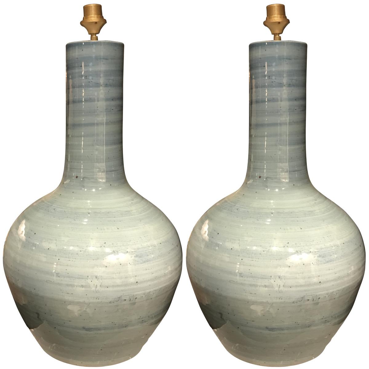 Pair of Extra Large Brushed Pattern Turquoise Lamps, China, Contemporary