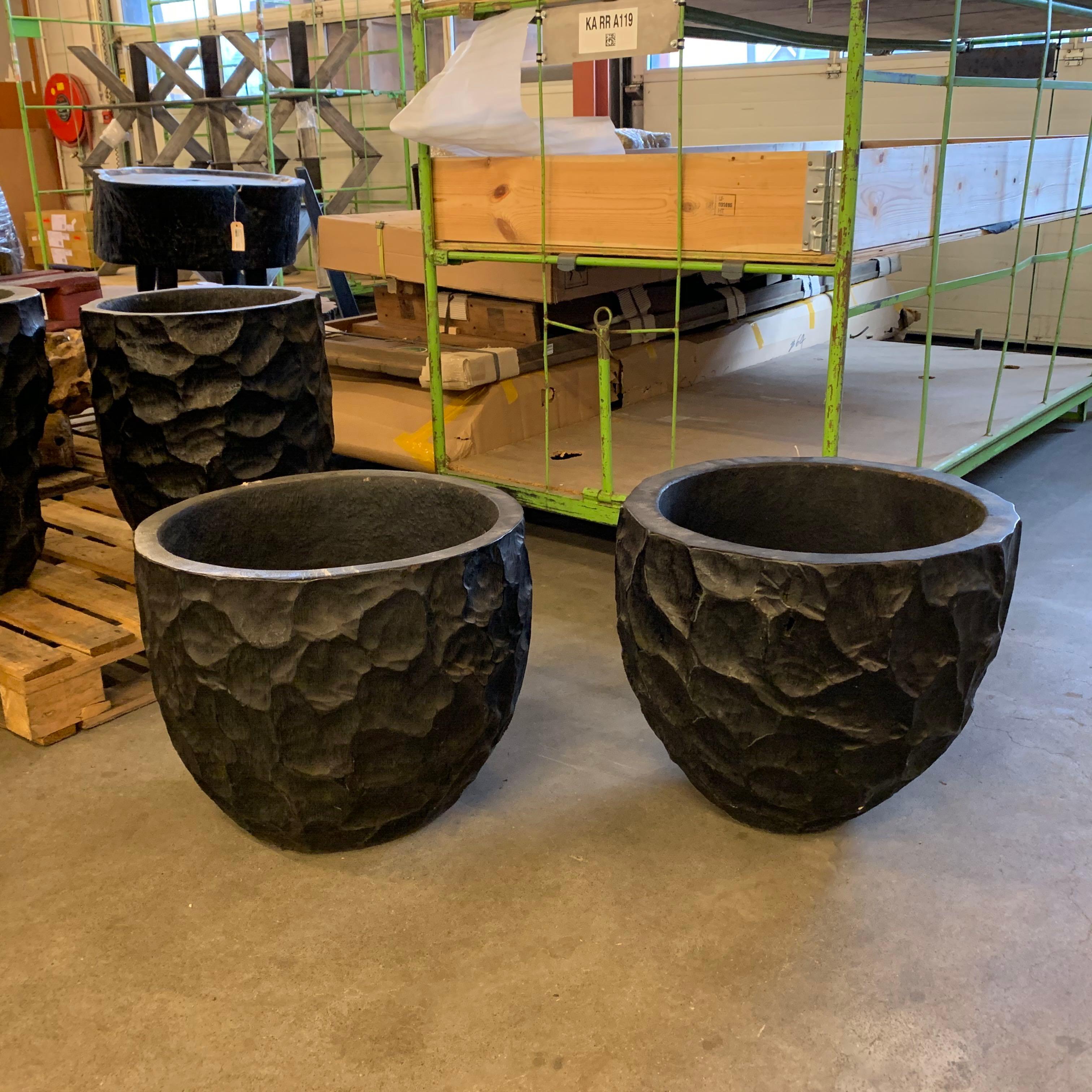 Indonesian Pair of Extra Large Carved Ebonized Palm Planters, Indonesia, Contemporary