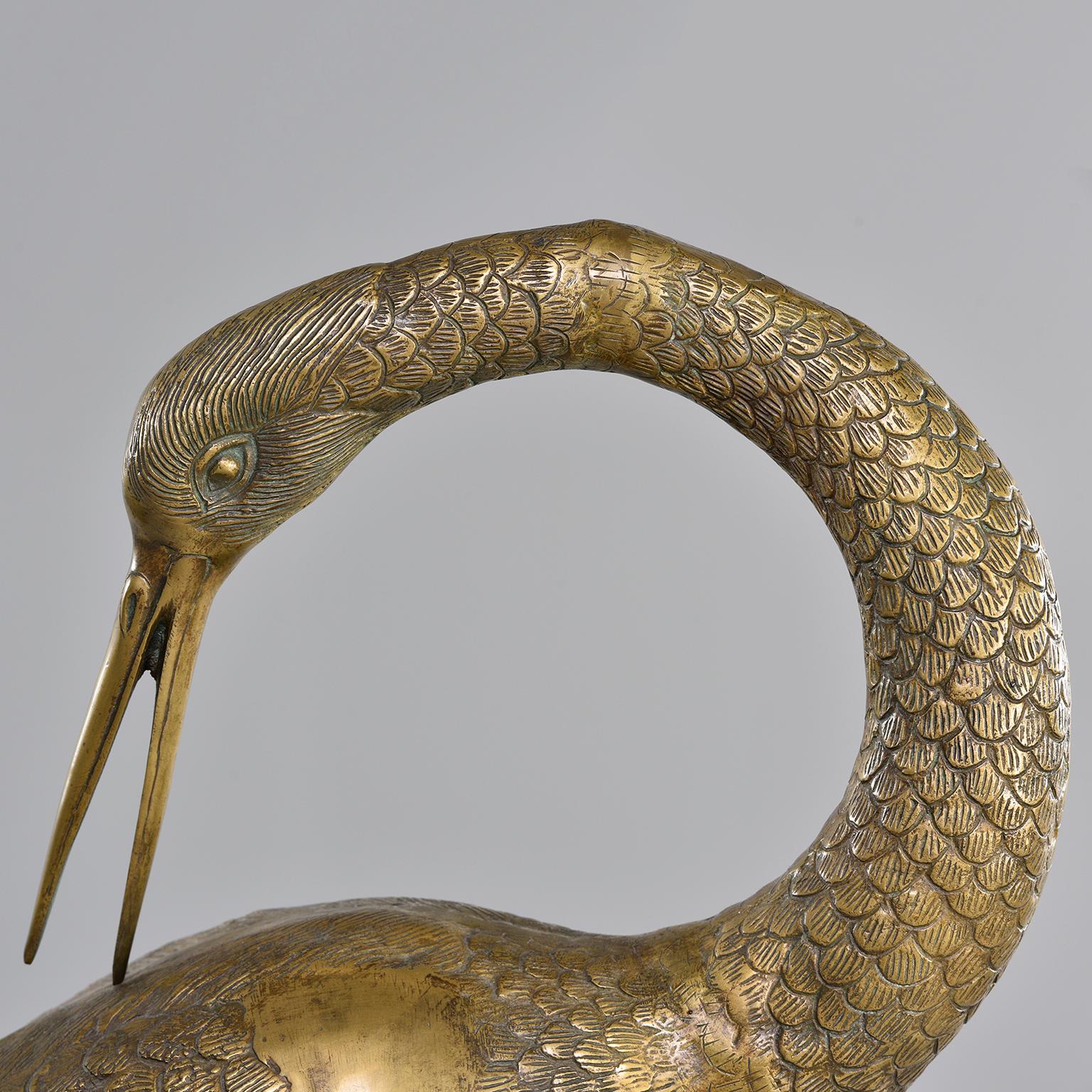 European Pair of Extra Large Midcentury Brass Crane or Heron Sculptures