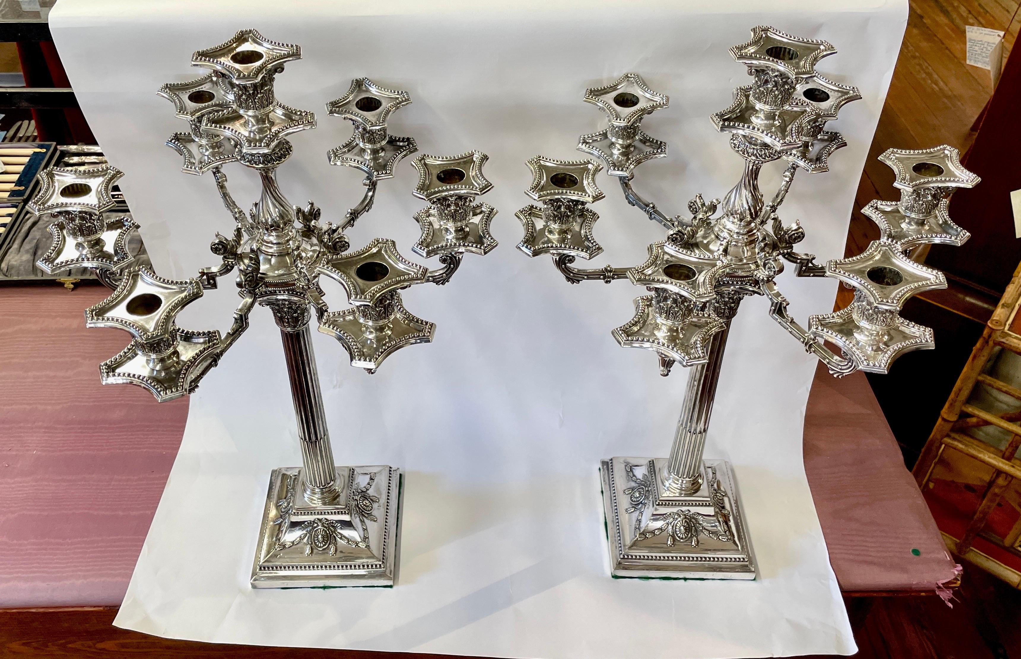 Adam Style Pair Extraordinary Antique English Sheffield Silverplate 7-lt. Candelabra