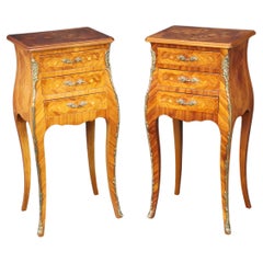 Vintage Pair Extraordinary Inlaid French Louis XV Kingwood Satinwood Bronze Nightstands
