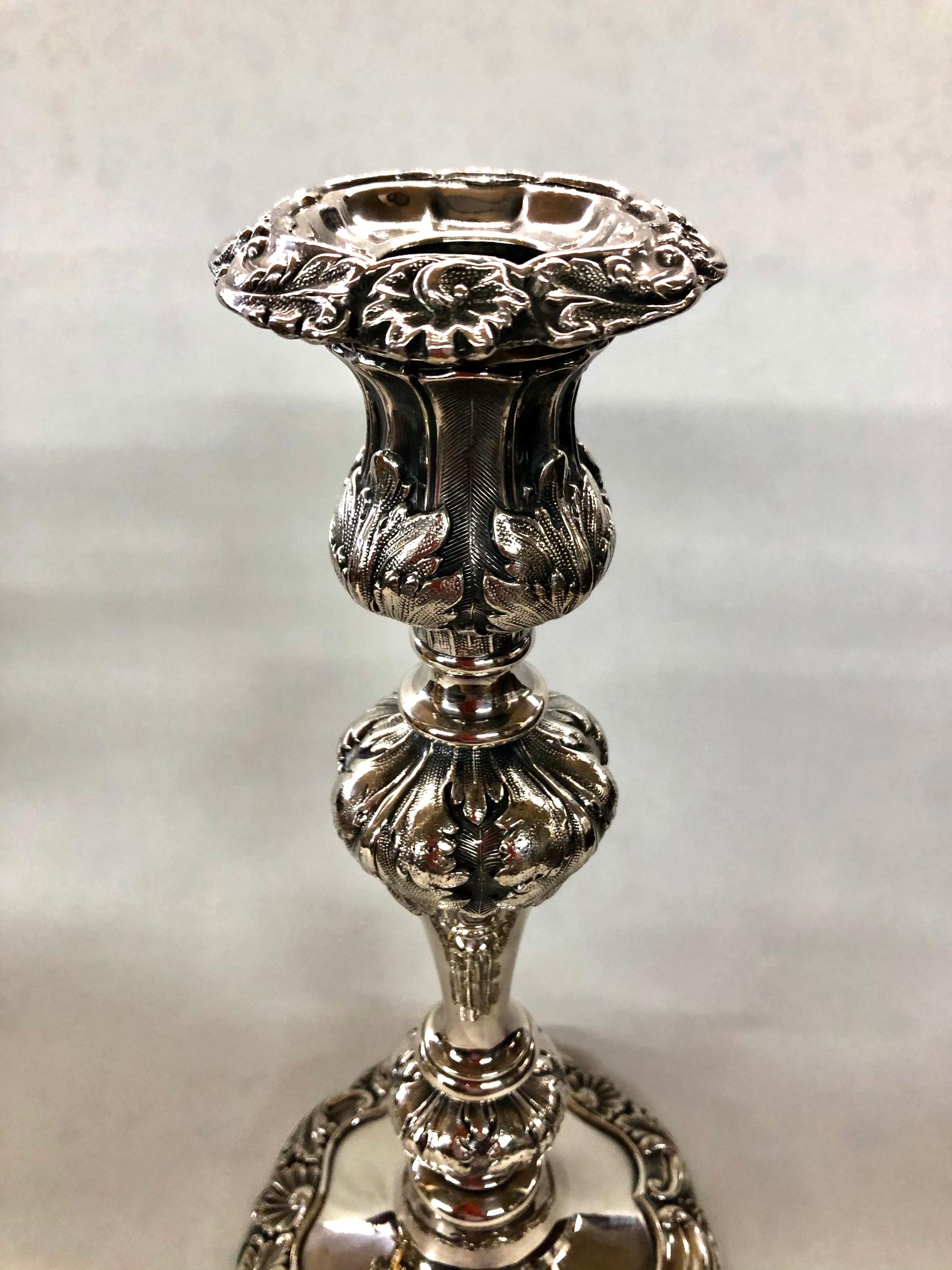 Silver Plate Pair Fabulous Antique English Sheffield Plate Rococo Shell Motif Candlesticks For Sale