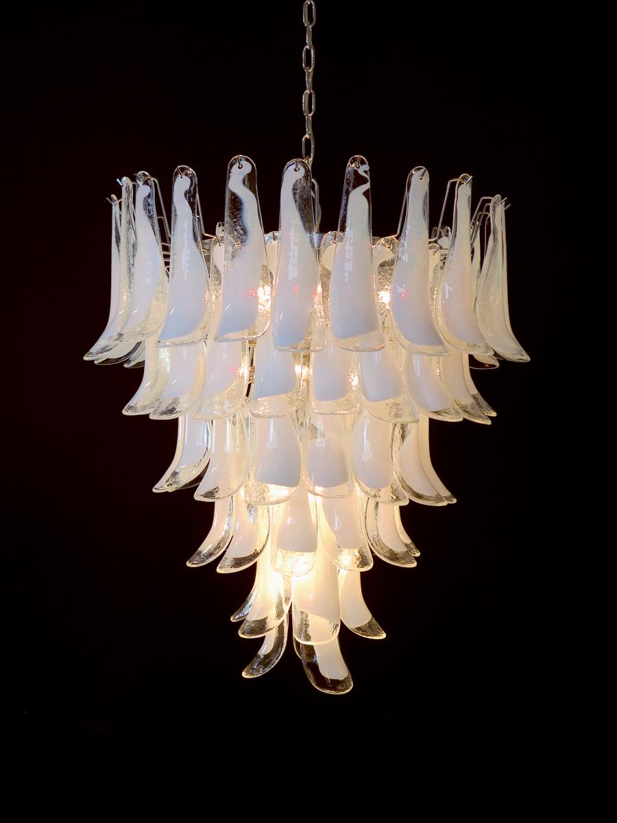 Pair Fabulous Glass 75 White Petal Chandeliers, Murano For Sale 4
