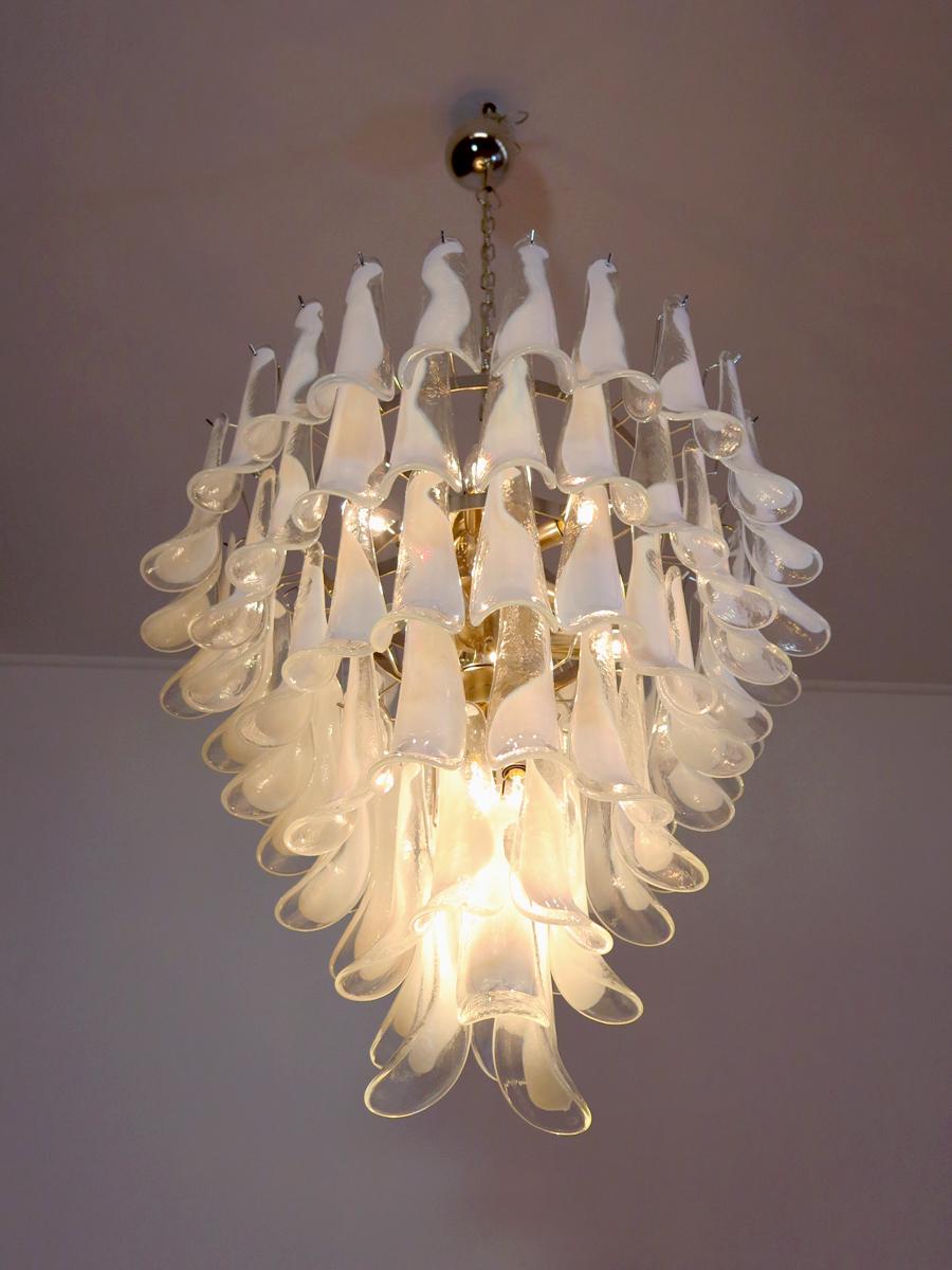 Pair Fabulous Glass 75 White Petal Chandeliers, Murano For Sale 6