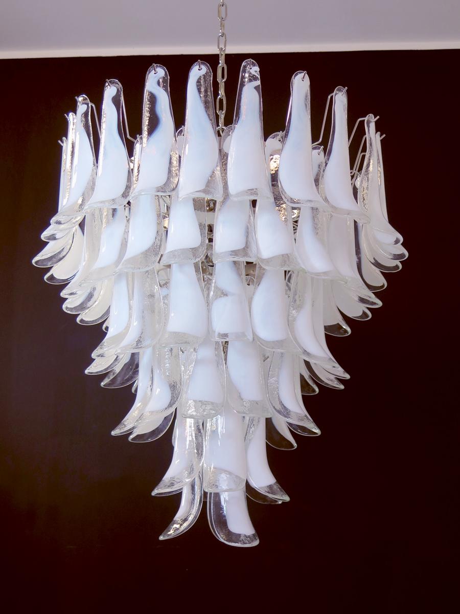 Pair Fabulous Glass 75 White Petal Chandeliers, Murano For Sale 2