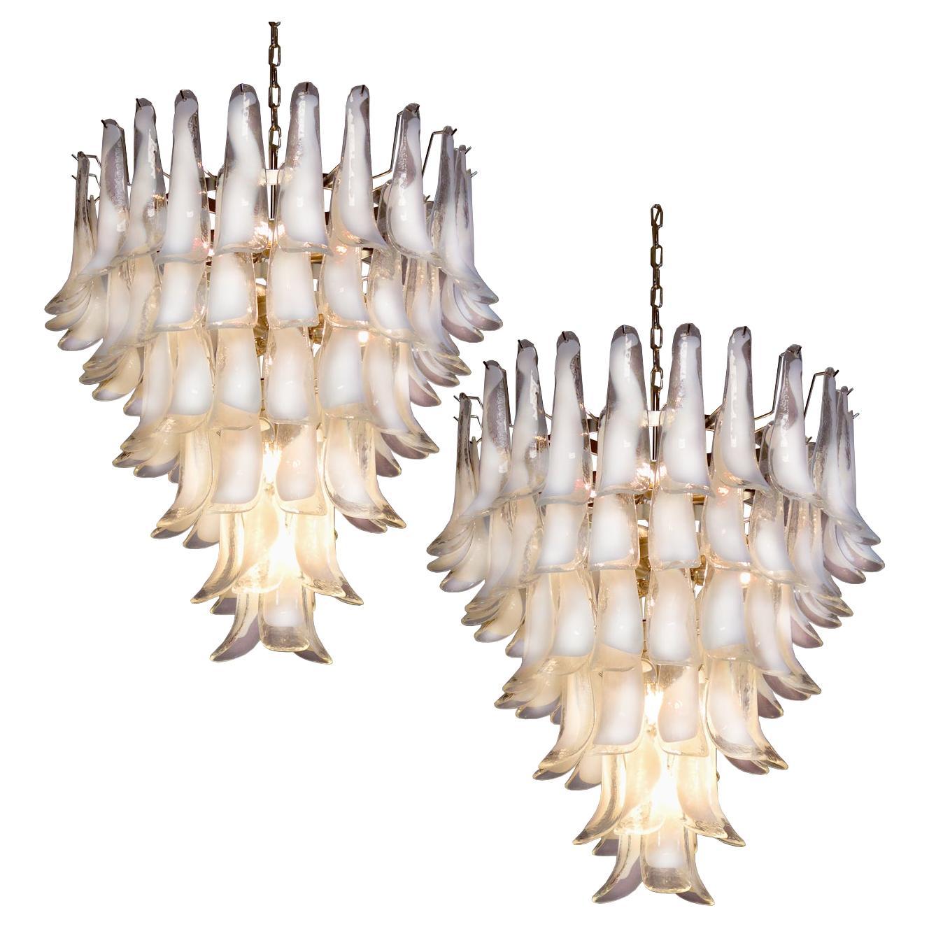 Pair Fabulous Glass 75 White Petal Chandeliers, Murano