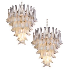 Pair Fabulous Glass 75 White Petal Chandeliers, Murano