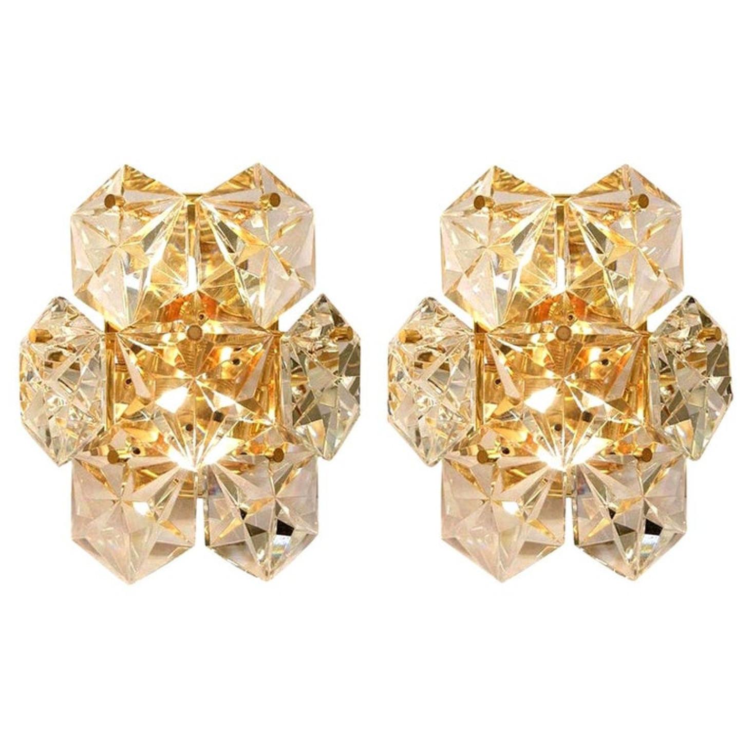 Mid-Century Modern Pair Faceted Crystal and Gilt Sconces by Kinkeldey, Germany For Sale
