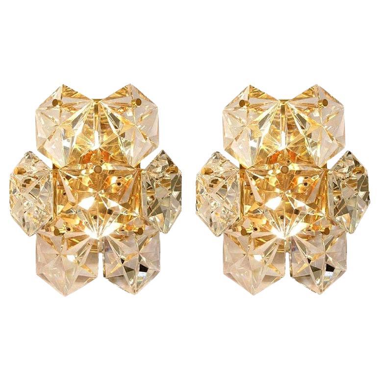 Pair Faceted Crystal and Gilt Sconces by Kinkeldey, Germany For Sale