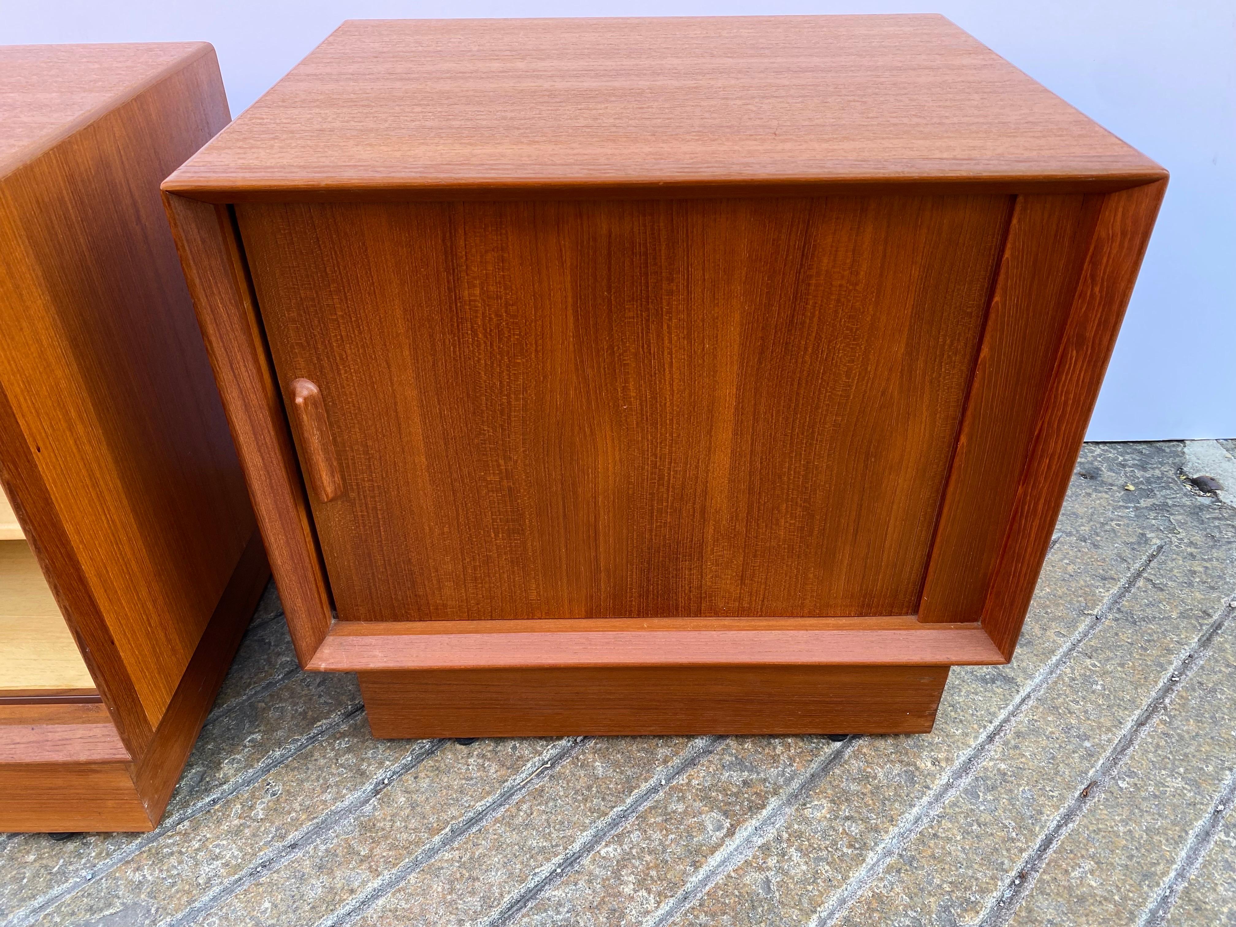 Danish Pair Falster Teak Nightstands with Tambour Doors