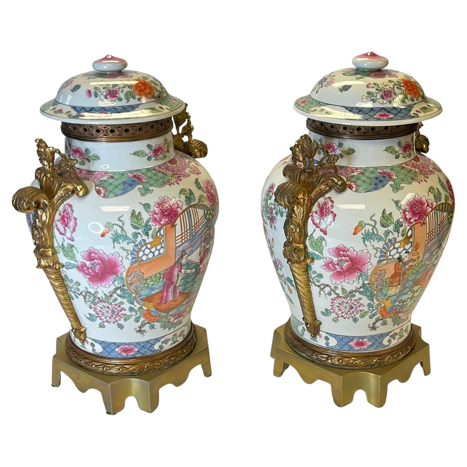 Pair Famille Rose Chinese Ginger Jars with Bronze Mounts in Louis XVI Style.