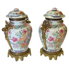 Pair Famille Rose Chinese Ginger Jars with Bronze Mounts