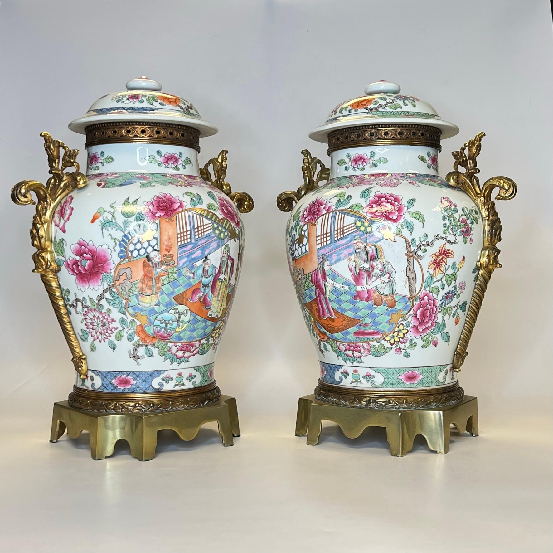 Chinoiserie Pair Famille Rose Chinese Ginger Jars with Bronze Mounts For Sale