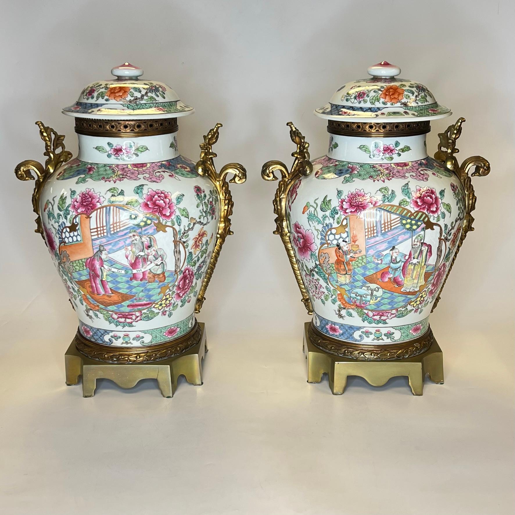 Pair Famille Rose Chinese Ginger Jars with Bronze Mounts For Sale 1