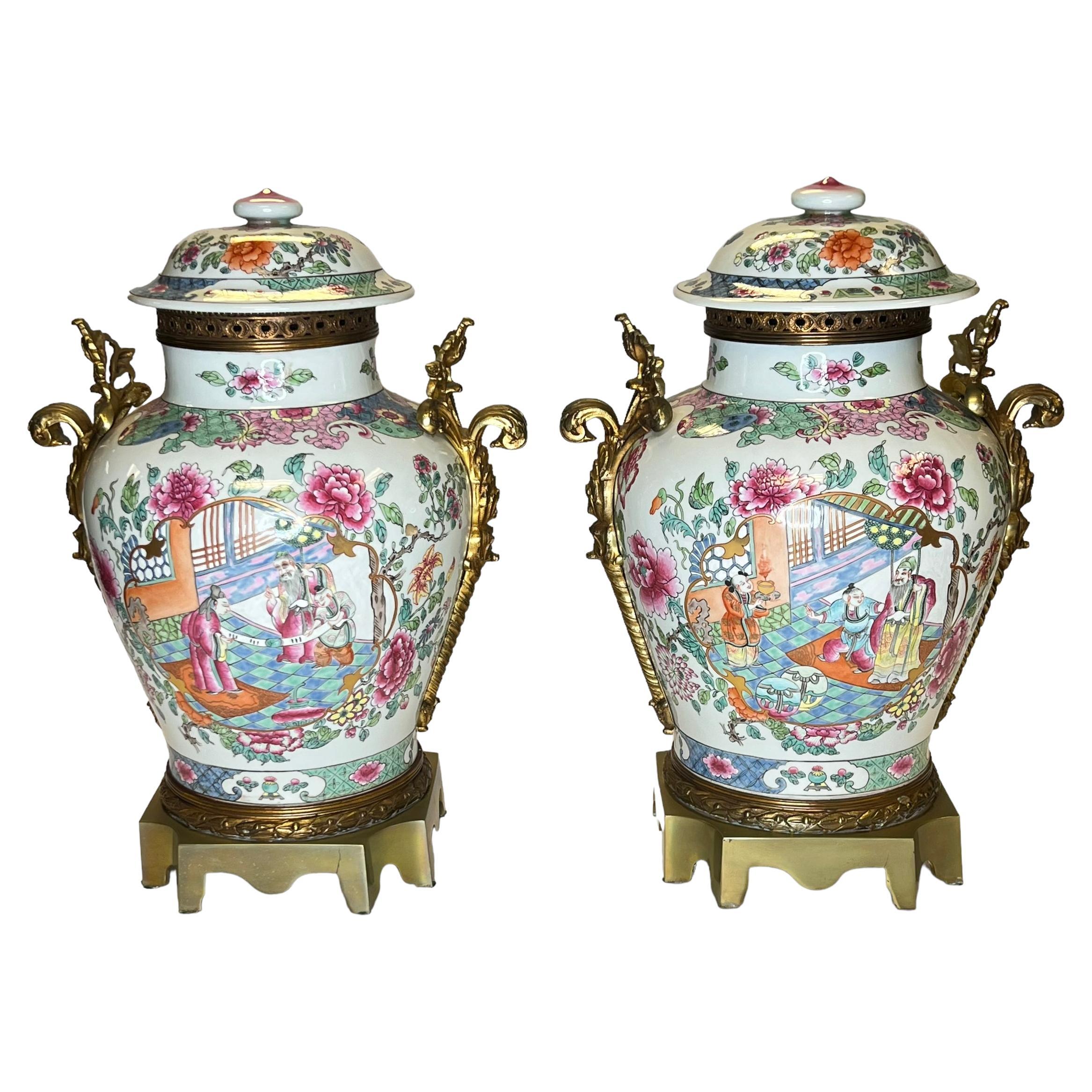 Pair Famille Rose Chinese Ginger Jars with Bronze Mounts For Sale