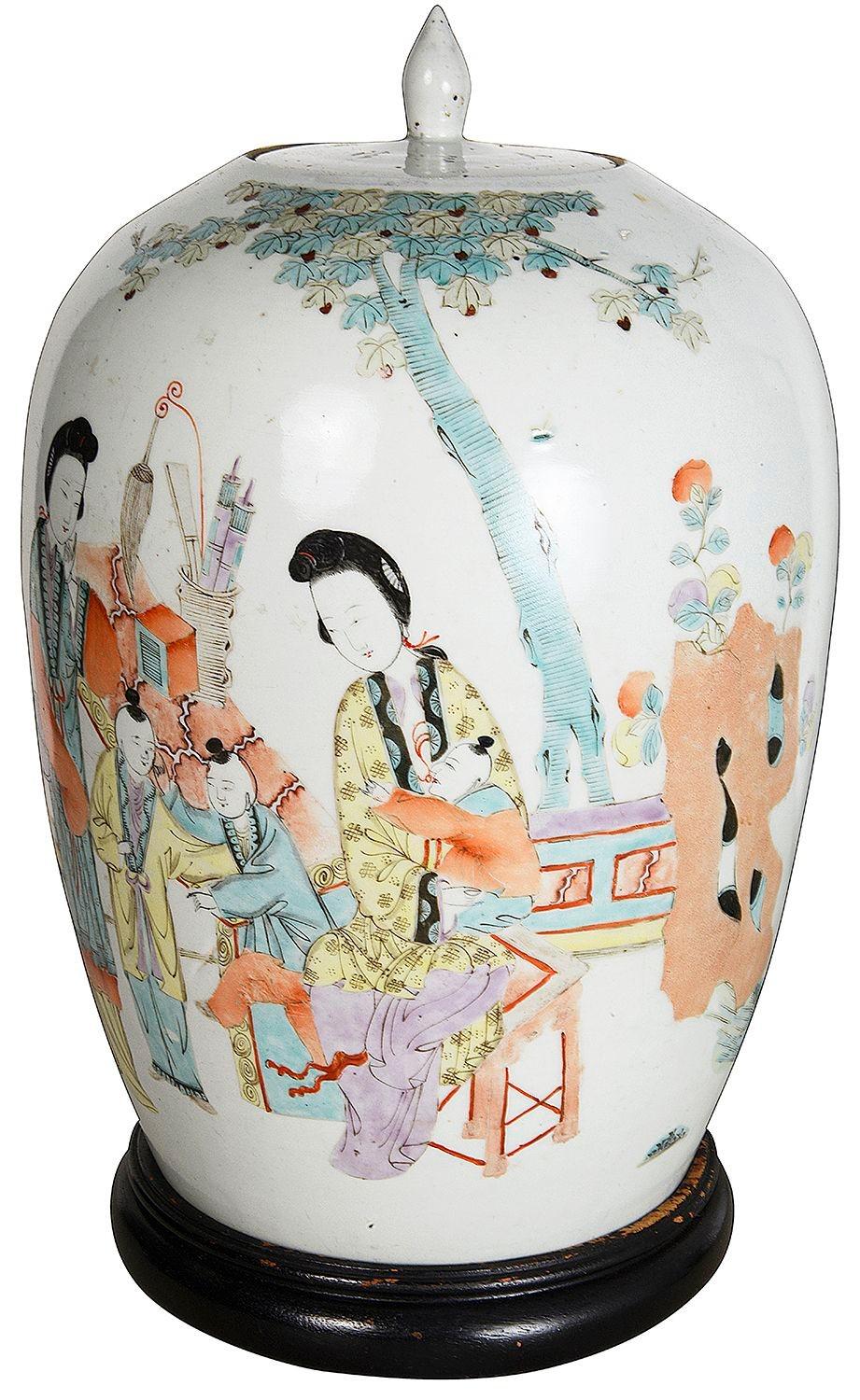 Pair late 19th Century Famille Rose Ginger jar / lamps, each depicting mothers and children playing. Mounted on turned ebonized bases.
Batch 82. G296/24 UNKZ