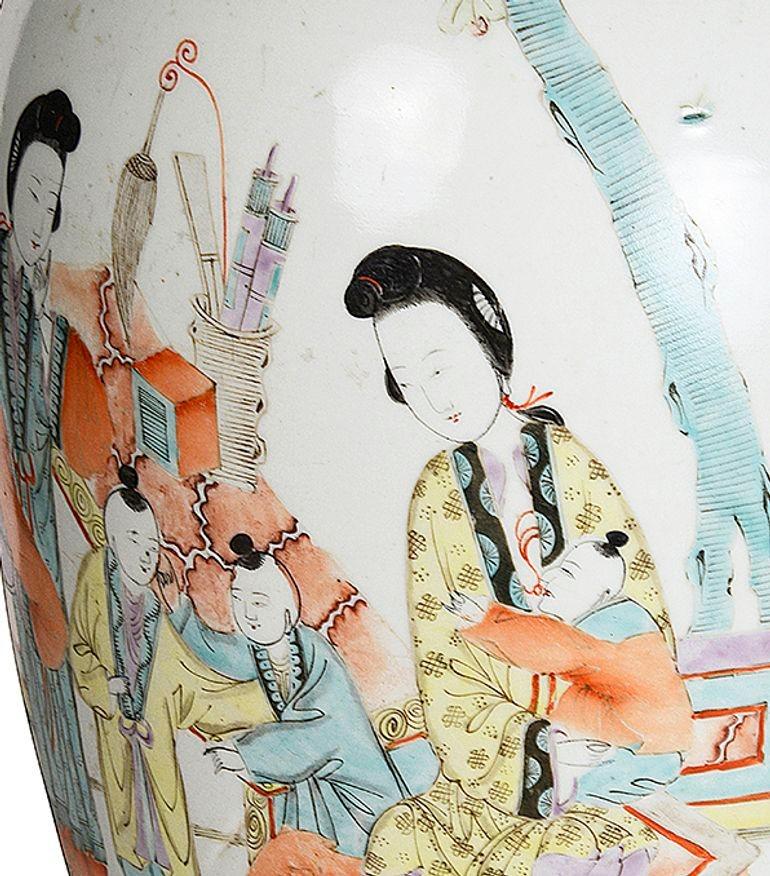 Hand-Painted Pair Famille rose Ginger jars / lamps For Sale
