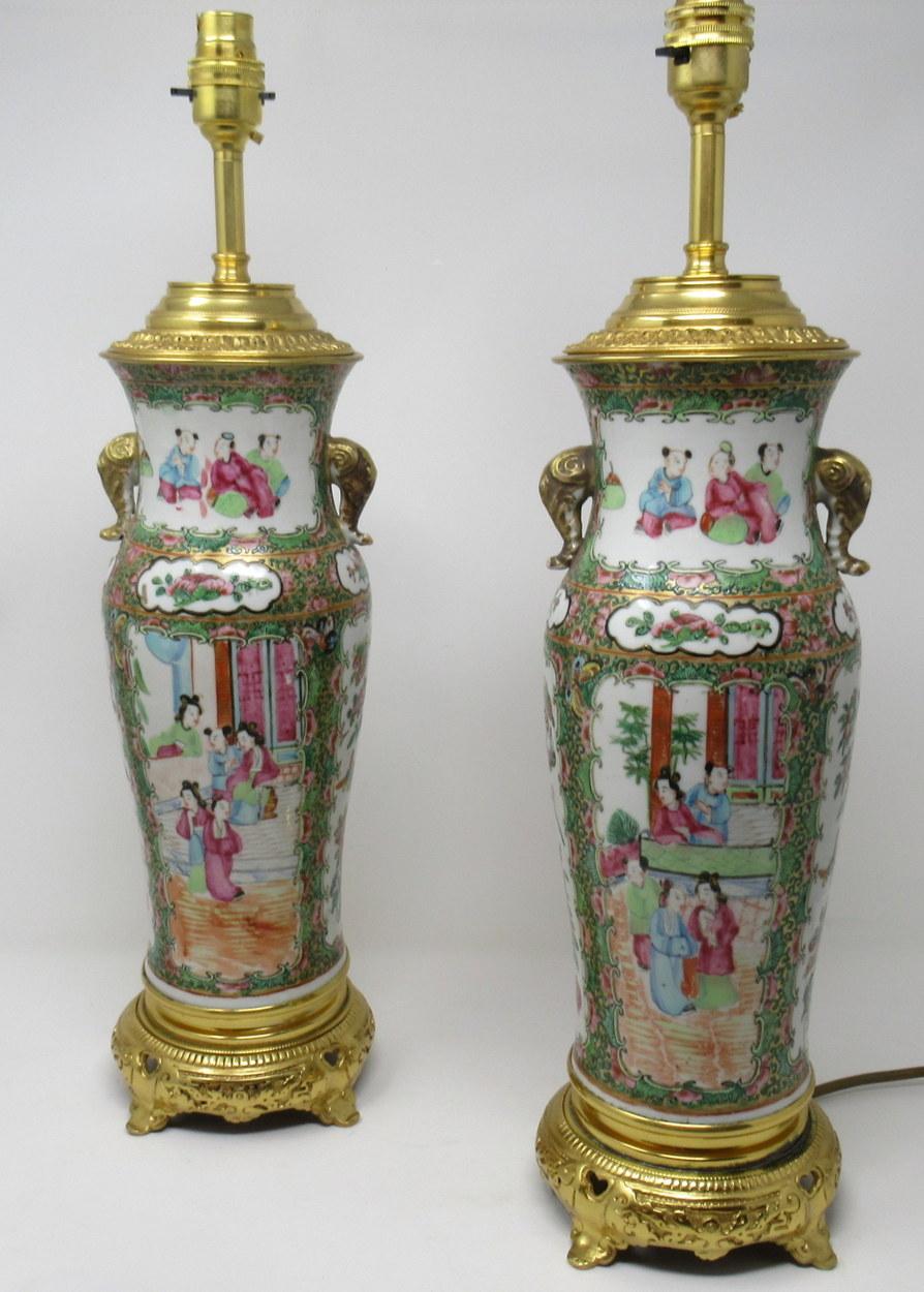 Early Victorian Famille Rose Medallion Canton Cantonese Ormolu Mounted Chinese Table Lamps, Pair
