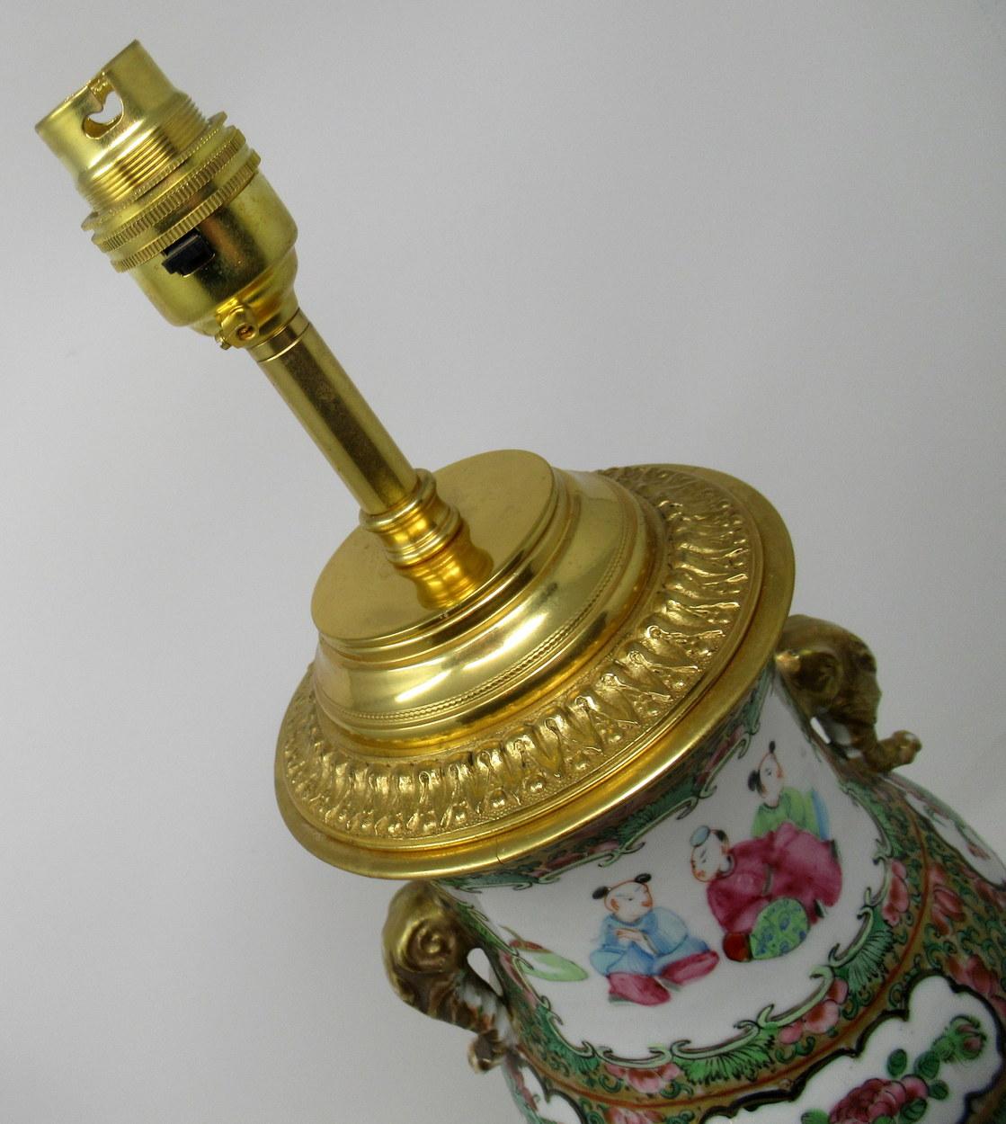 19th Century Famille Rose Medallion Canton Cantonese Ormolu Mounted Chinese Table Lamps, Pair