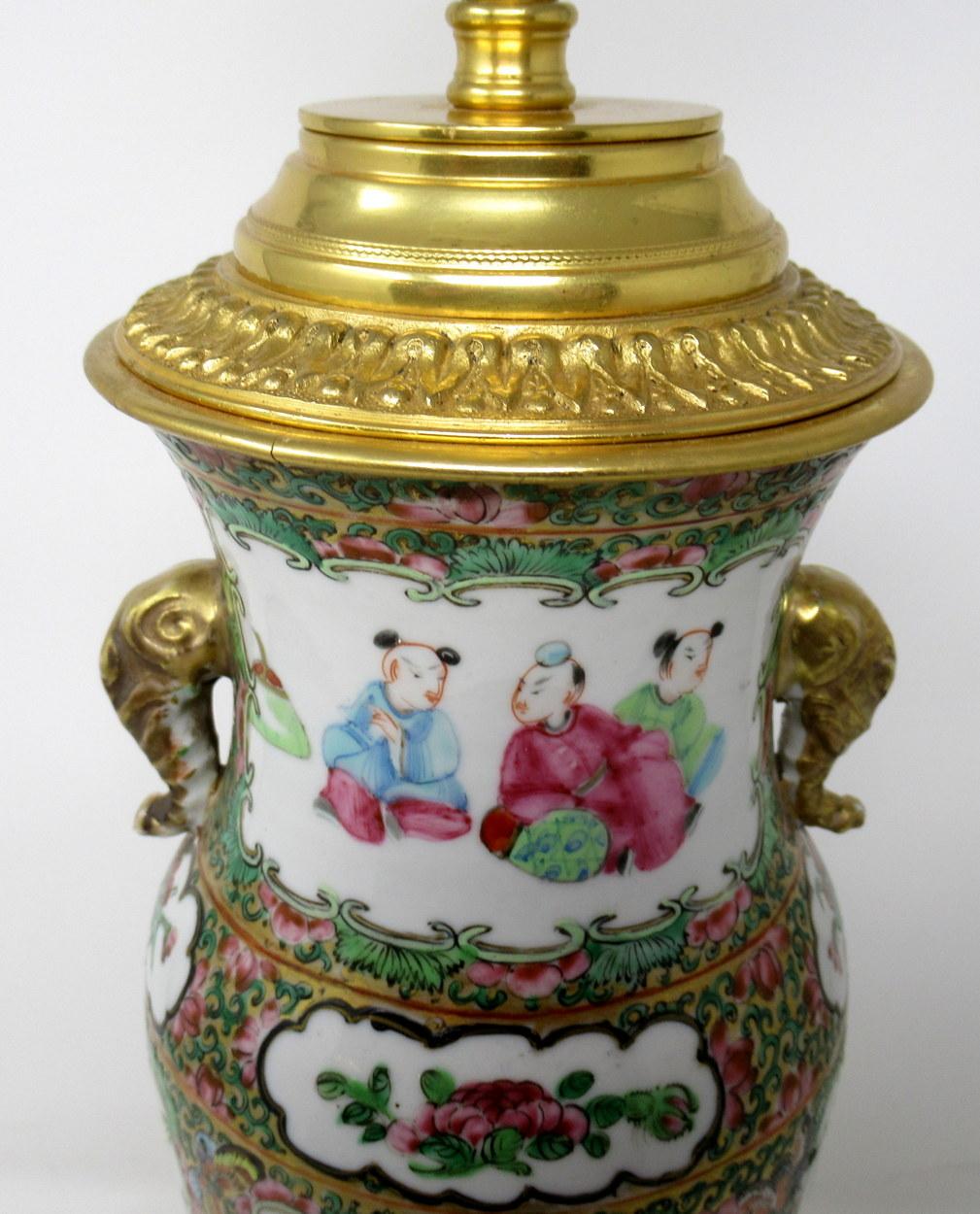 Famille Rose Medallion Canton Cantonese Ormolu Mounted Chinese Table Lamps, Pair 1