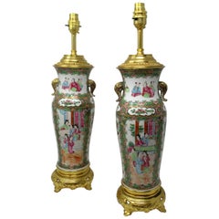 Famille Rose Medallion Canton Cantonese Ormolu Mounted Chinese Table Lamps, Pair