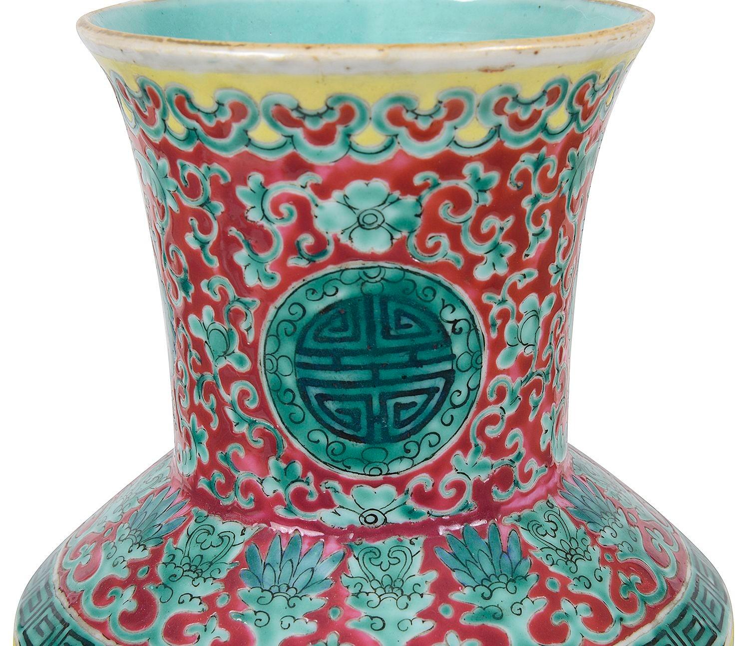 Hand-Painted Pair Famille Verte Chinese vases / lamps, 19th Century For Sale