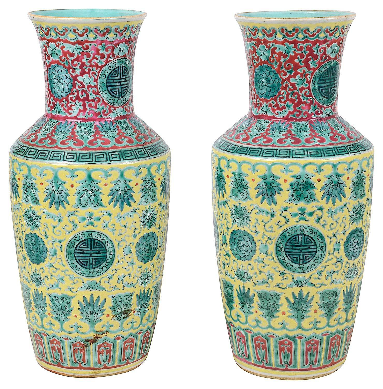 Porcelain Pair Famille Verte Chinese vases / lamps, 19th Century For Sale