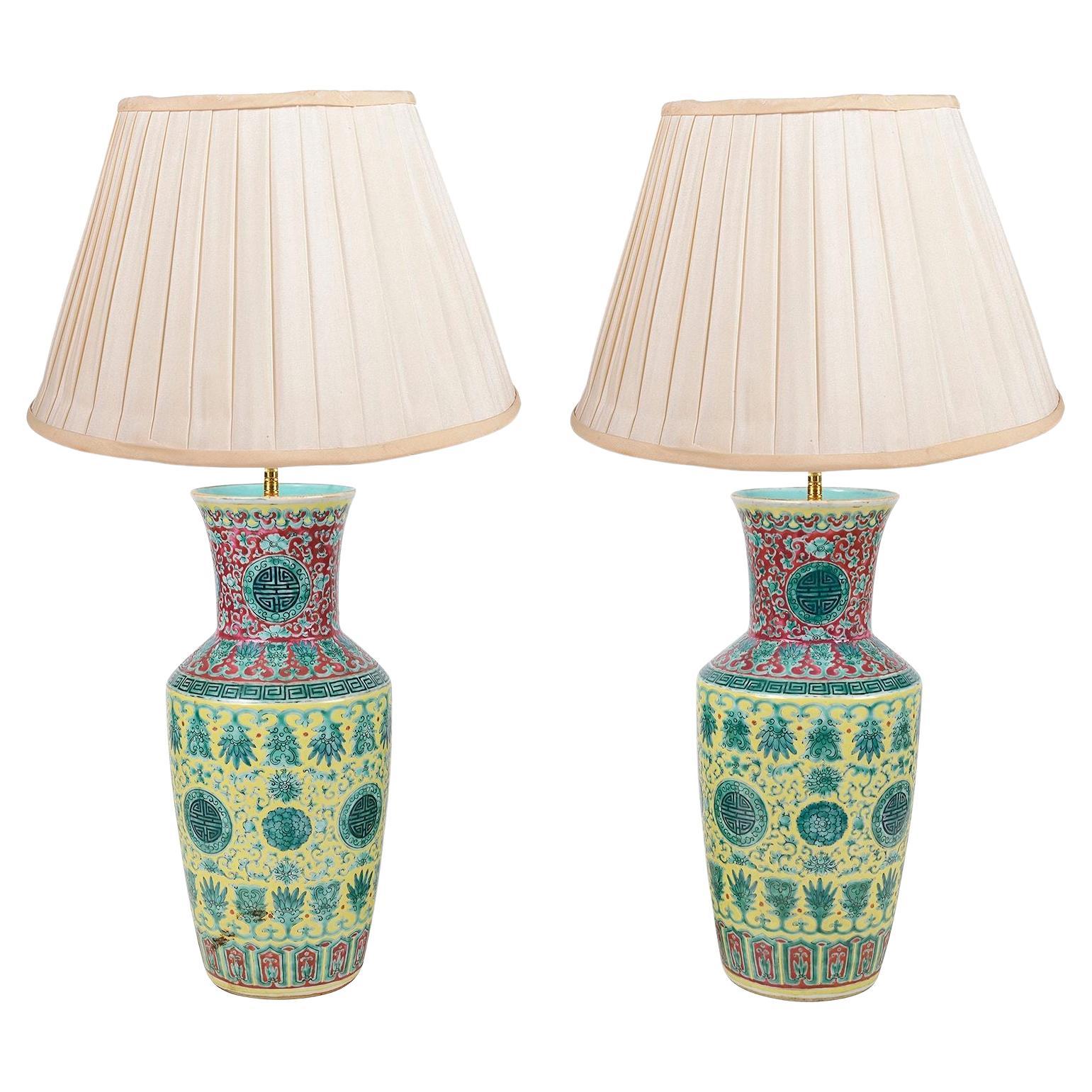 Pair Famille Verte Chinese vases / lamps, 19th Century