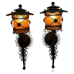 Vintage Pair Mid Century Hand Wrought "French Scroll” Lighting Sconces complete