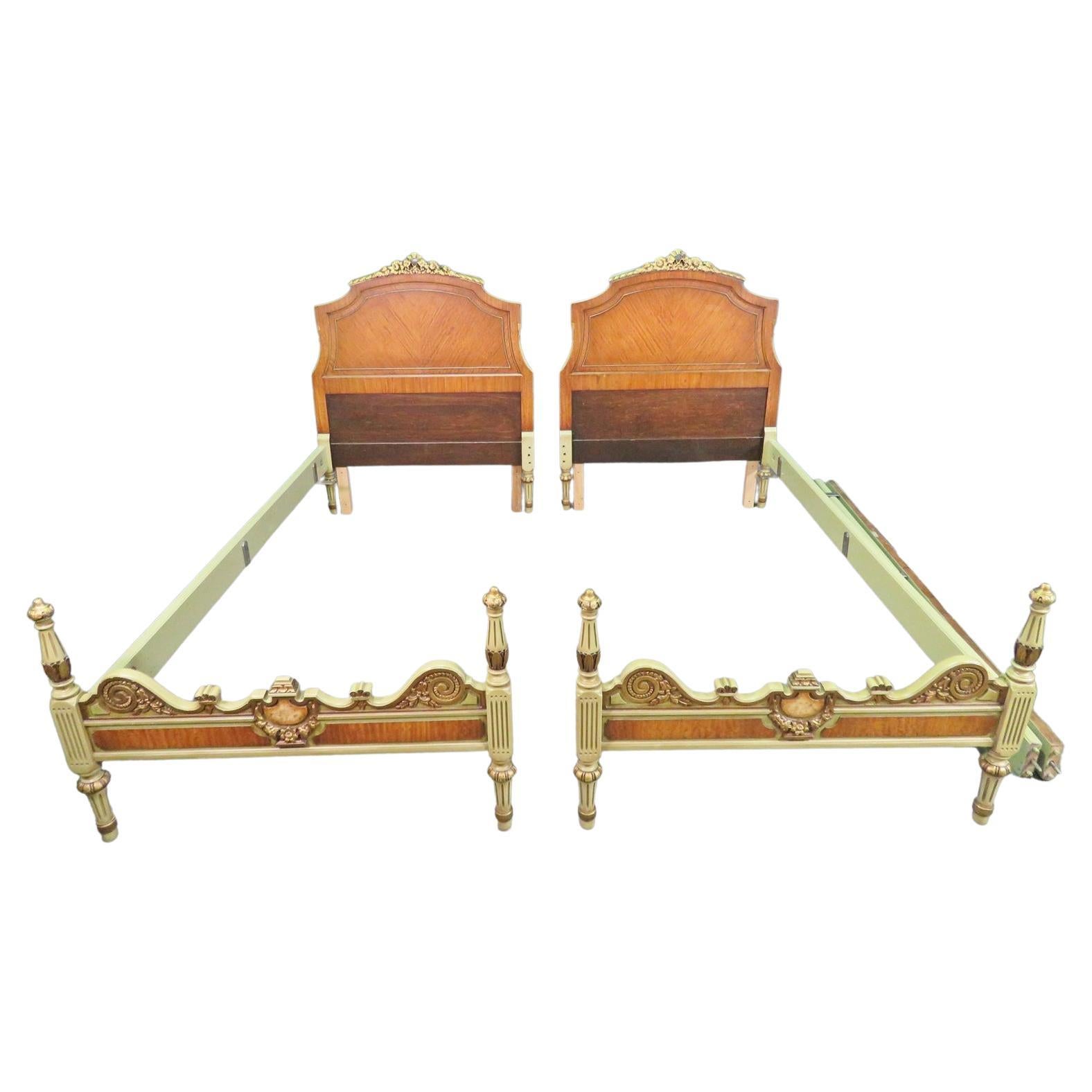 Pair Fancy Satinwood French Louis XV Style Twin Single Beds Circa 1920 For Sale