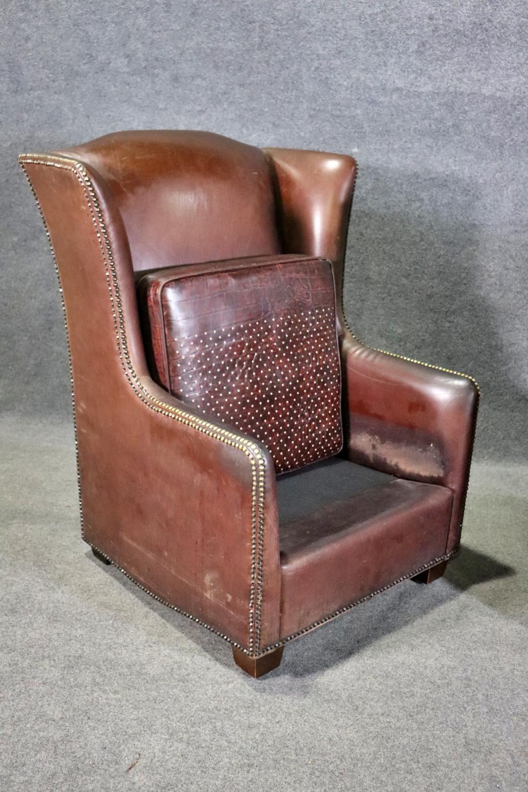 Pair Faux Alligator Printed Leather Tall Back Art Deco Style Wingchairs 7