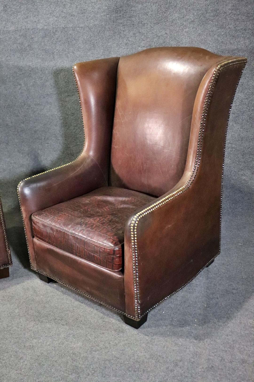 French Pair Faux Alligator Printed Leather Tall Back Art Deco Style Wingchairs