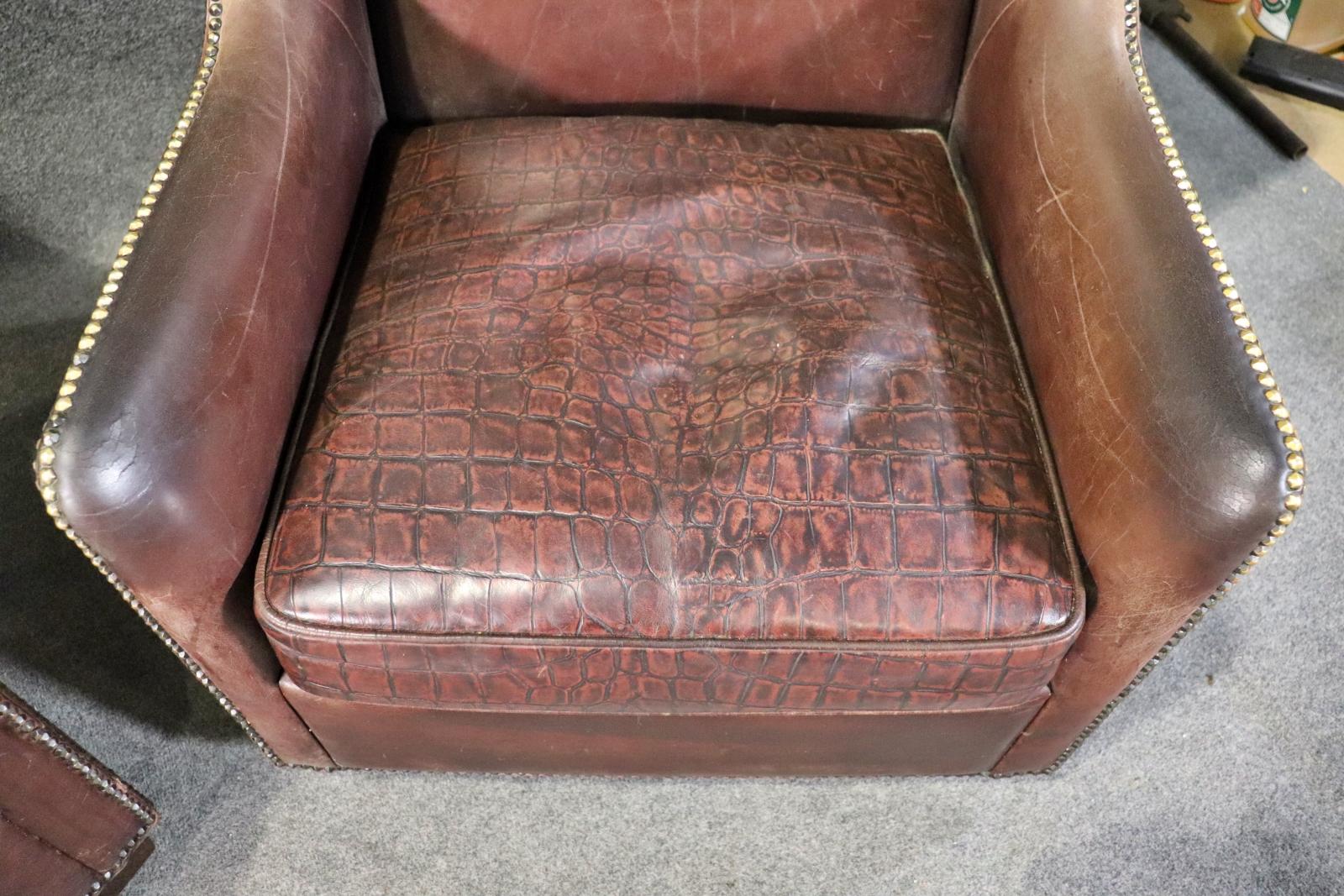 Pair Faux Alligator Printed Leather Tall Back Art Deco Style Wingchairs In Good Condition In Swedesboro, NJ