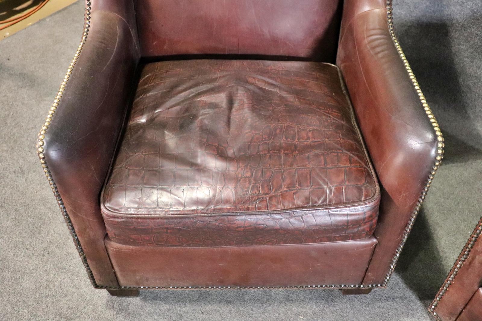 Early 20th Century Pair Faux Alligator Printed Leather Tall Back Art Deco Style Wingchairs