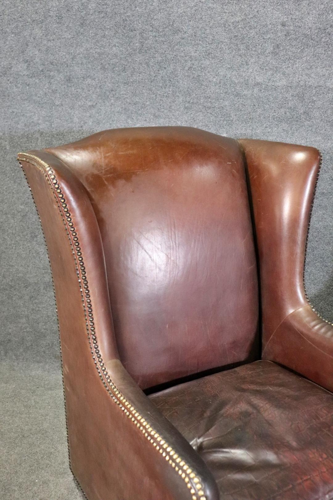 Pair Faux Alligator Printed Leather Tall Back Art Deco Style Wingchairs 1