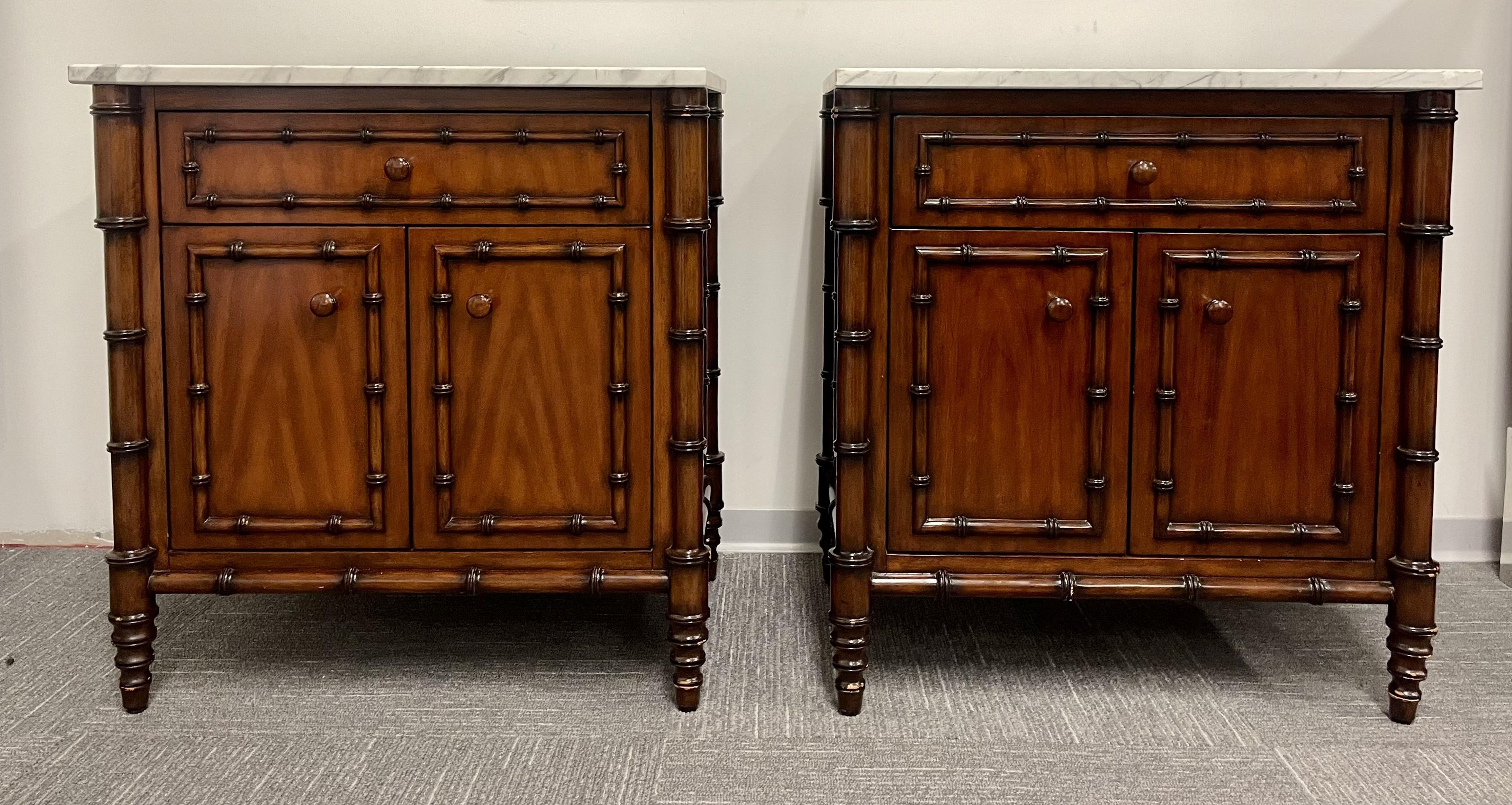 Pair Faux Bamboo Bedside Tables, End Tables, Chests, Marble Tops In Good Condition In Stamford, CT