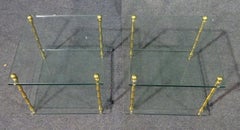 Faux Bamboo Brass Baguès Style Glass and Brass Square Low End Side Tables, Pair