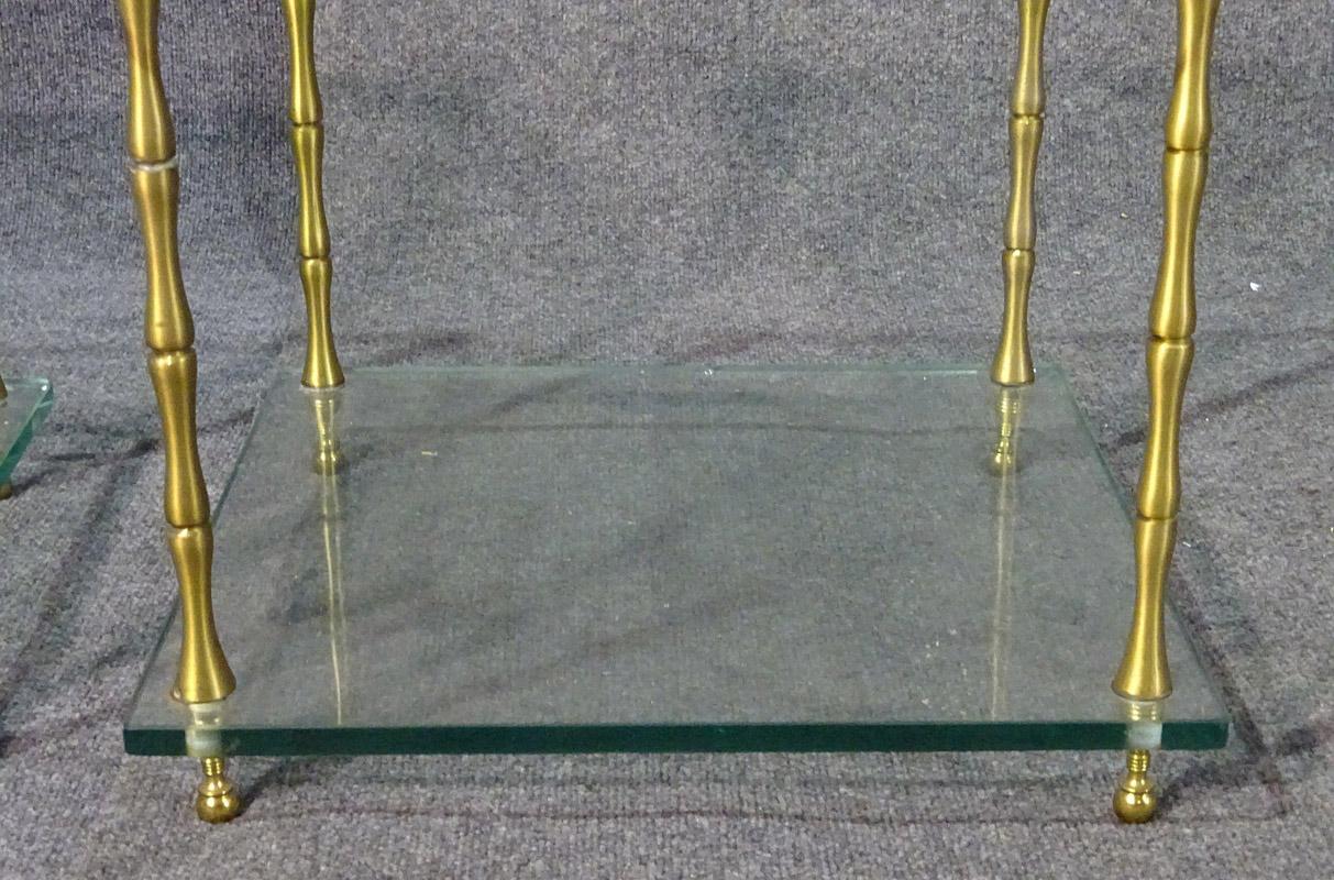 French Faux Bamboo Brass Baguès Style Glass and Brass Square Low End Side Tables, Pair For Sale