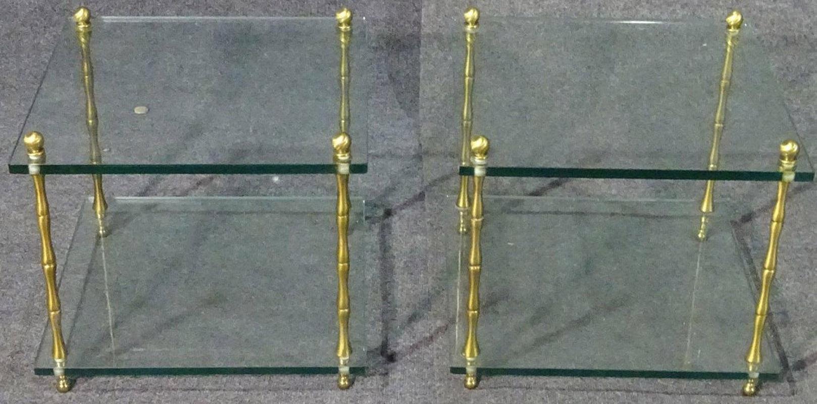 Faux Bamboo Brass Baguès Style Glass and Brass Square Low End Side Tables, Pair In Good Condition For Sale In Swedesboro, NJ