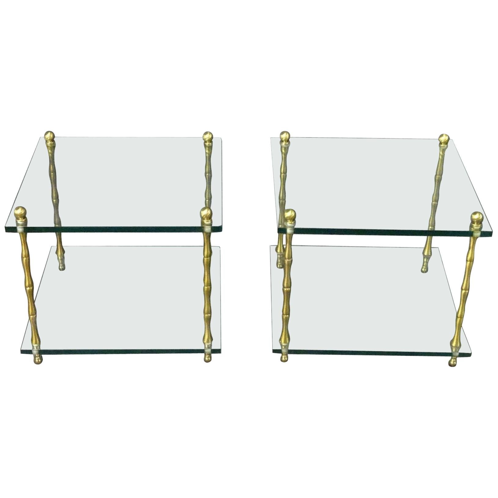 Faux Bamboo Brass Baguès Style Glass and Brass Square Low End Side Tables, Pair