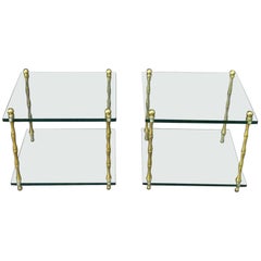 Retro Faux Bamboo Brass Baguès Style Glass and Brass Square Low End Side Tables, Pair