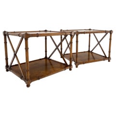 Paire de tables de nuit carrées à deux niveaux en bois de ronce de bambou et faux bambou MINT !