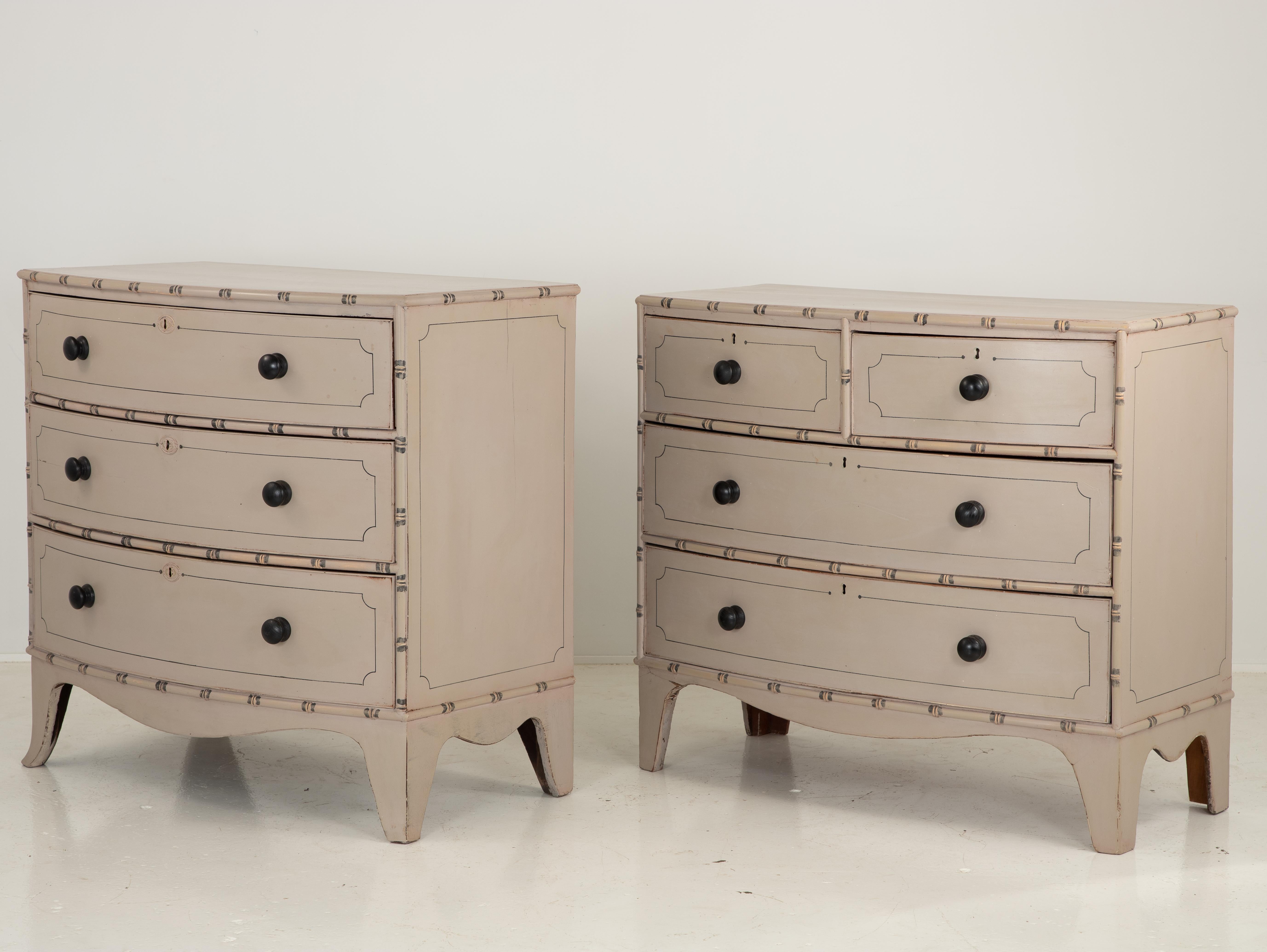 A pair of painted bowfront French chests of drawers in an updated chinoiserie style with splay legs. This is a matched pair. One has three drawers and measures 39.5