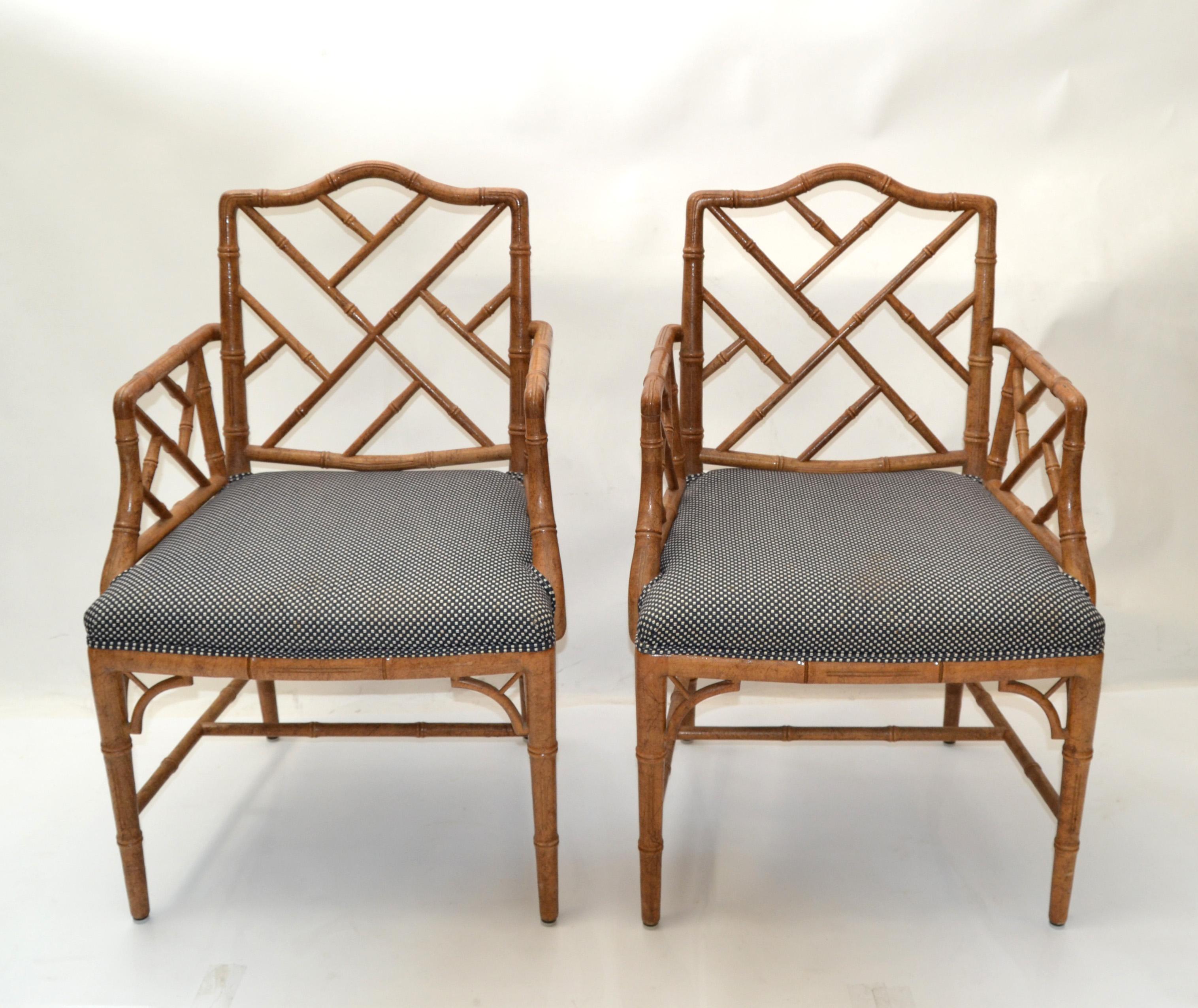 Pair, Faux Bamboo Chinese Chippendale Armchairs Fabric Upholstery McGuire Style 6